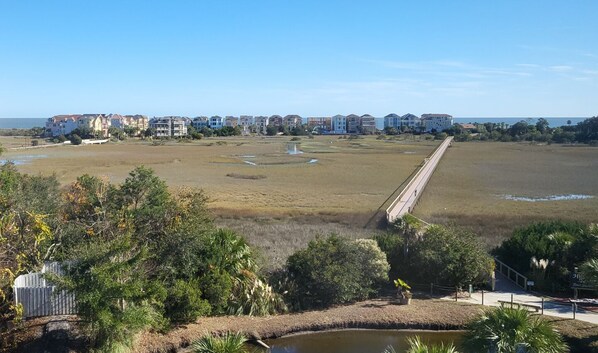 Ocean view showing the short boardwalk to the beach. An easy, 7-minute walk