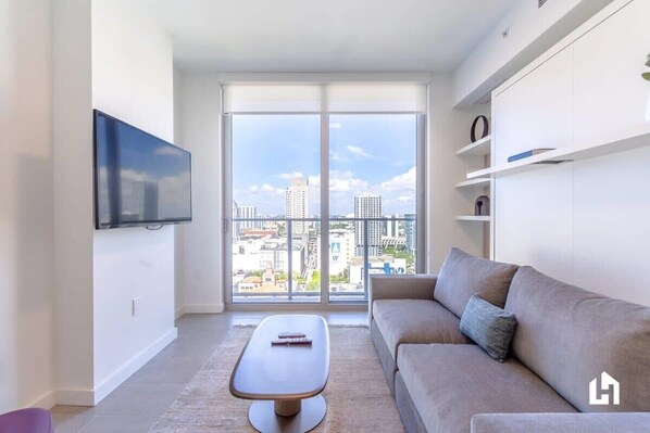 The sofa opens to a queen-sized pullout for added sleep space