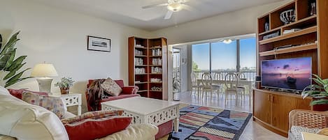 Buttonwood Bliss - a SkyRun Sarasota Property - Living Room  - Living room with views of Sarasota Bay. 