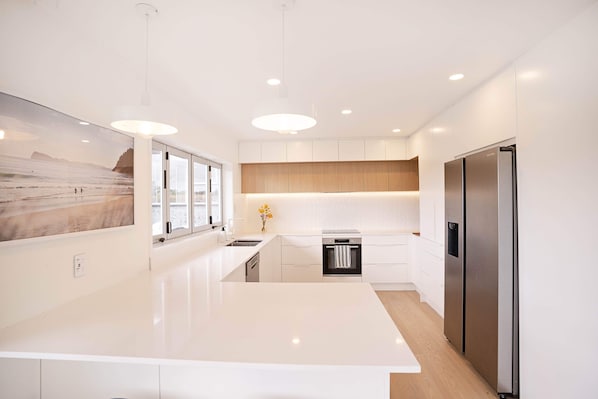 Freshly renovated kitchen. Induction cooktop, fridge with ice maker/filtered h20