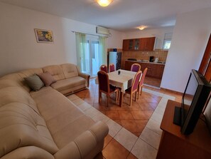 Living area. living room, kitchen and dining area