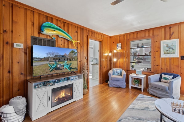 Cozy comfortable living room with original hardwood floors