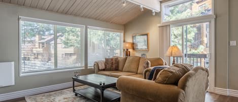 Living Room , Couch, Wood Burning Fireplace, Flat Screen TV