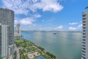 Water views of Biscayne Bay, Heart Island, Margaret Pace Park from fully furnished balcony