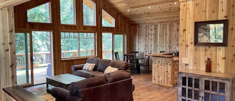 Gorgeous red cedar lines the walls and vaulted ceilings