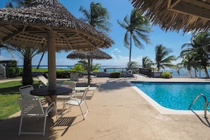 Cabanas and seating on the pool deck
