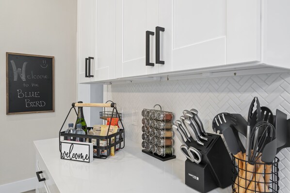 Kitchen, with spices, knives, etc.