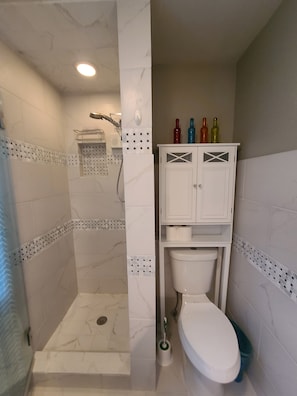 Master bath.  There is a bathtub across from shower.