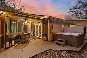 Secluded Hot Tub with String Lights at Twilight