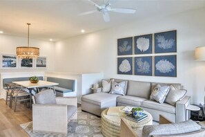 Living Room with Peaceful Beach Vibe Looking Toward the Dining Area