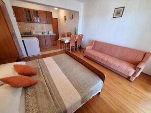 Living area. Studio apartment - living room with double bed and kitchen