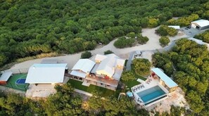 Overhead of Sunset Ridge, Lodge, carport, bball, pool, gaming garage, cabin