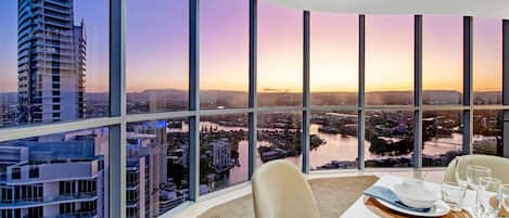 Dining area with the ocean and the city views