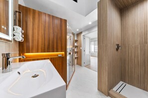 Spa bathroom with European tile and infrared sauna