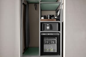 Unit with mini fridge, coffee/tea maker and safe