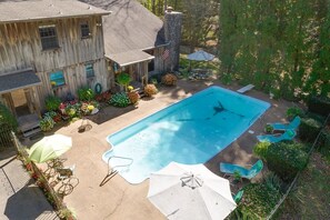 Upper view of pool and lounging area