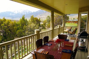 Covered deck overlooking the river and Yellowstone National Park