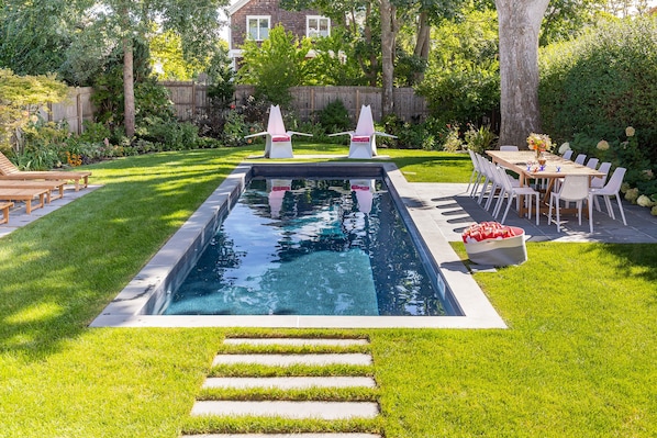 Heated Salt Water Pool, table for 10, umbrella not in photo covers the table