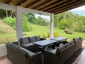 Backyard patio and seating area