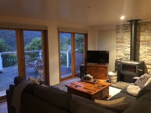 Living Room with Mountain Views opens onto Large Front Deck