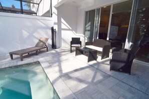 Private south-facing splash pool, sun loungers plus comfortable seating