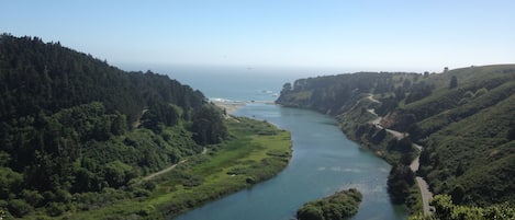 The view: you see Highway 1, Navarro River, the beach and Pacific Ocean