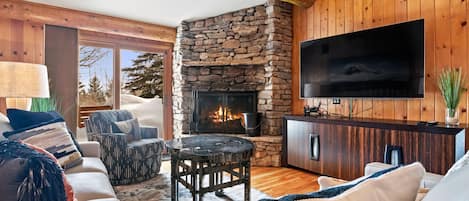 Living Room with Wood Burning Fireplace