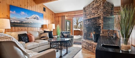 Living Room with Wood Burning Fireplace