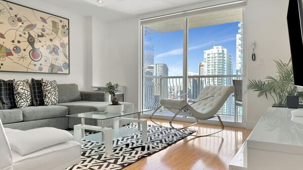 Modern open concept living space featuring dining area
