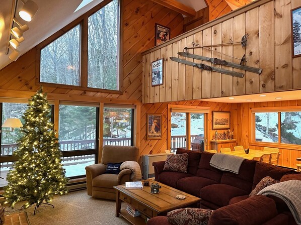 Main floor vaulted living space with expansive windows and fireplace