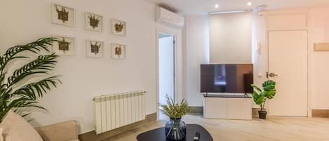 Main view of the living room space with Smart TV and air conditioning