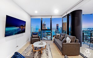 Living area overlooking the city and the ocean