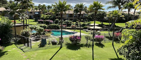 Master bedroom view. 1 of 3 smaller pools.  Our main big pool is on the beach.