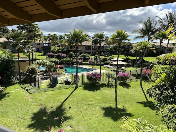 Master bedroom view. 1 of 3 smaller pools.  Our main big pool is on the beach.