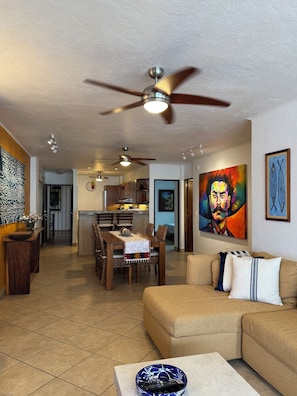 Full view of common living area. High quality furniture, many local art pieces