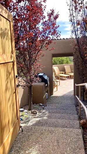 Welcoming tree lined entrance down to terrace, safety railing, Saber bbq grill