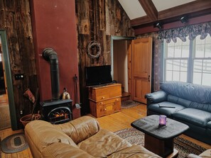 Main living space w/ wood stove and TV