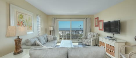 The ocean front living room is fabulous for movie night with the family.