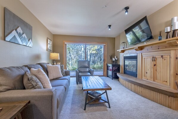 Sleeper sofa, fireplace and Satellite TV. Patio opens to green space