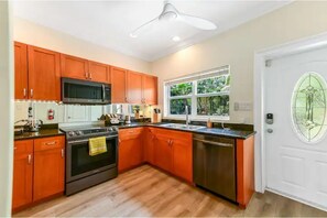 The kitchen is stocked with everything you need and more. 