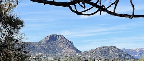 Stellar views of Thumb Butte and Granite Mountains from the front deck