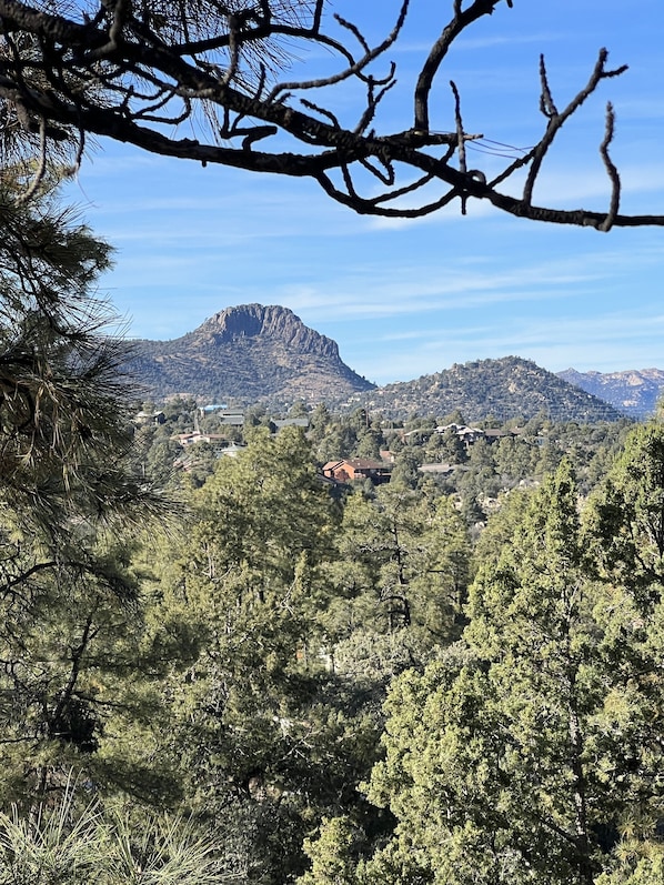 Stellar views of Thumb Butte and Granite Mountains from the front deck