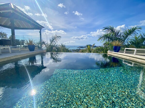 Sun loungers by the private pool at Sugar Ridge villa rental, Antigua