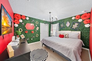 Bedroom #4 (upstairs): Alice and Wonderland themed room with King bed. 