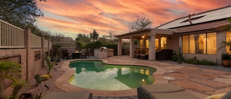 Relaxing backyard with heated pool