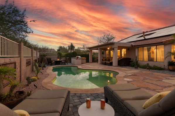 Relaxing backyard with heated pool