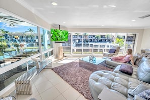 The two-floor Suite One offers 3 bedrooms and 2.5 baths and features beautiful waterfront views.