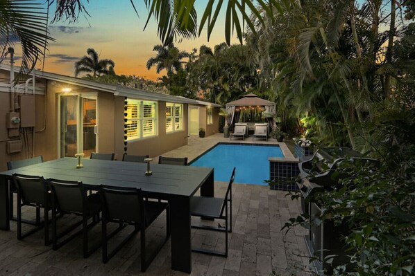 Heated pool and an outdoor dining area