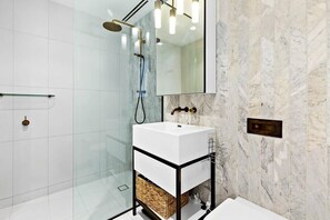 Modern and elegant bathroom with spacious shower