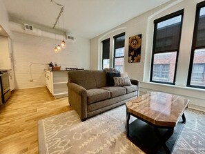 Living room space in loft 303 with sleeper sofa